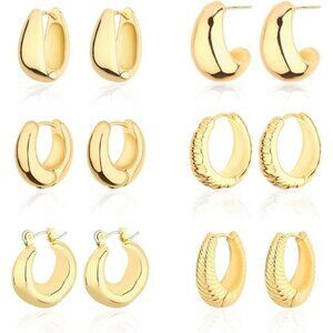 Chunky Gold Hoop Earrings Set 3 Size Huggie Hypoallergenic Lightweight